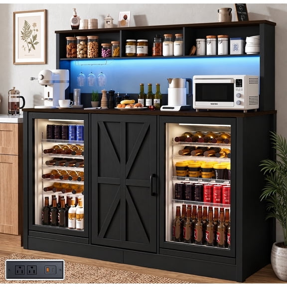 ANPOO 63"W Coffee Bar Cabinet w/ Dual Mini Fridge Space, 58"H Bar Cabinet w/ Wine Fridge Storage, Farmhouse Buffet Cabinet w/ Power Outlet & LED for Home Bar, Kitchen Pantry Hutch, Black
