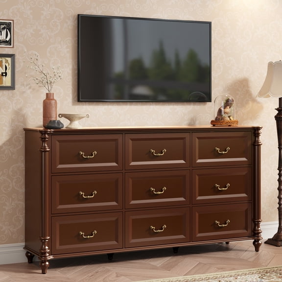 ANPOO 63"W Farmhouse 9 Drawers Dresser for Bedroom with Solid Wood Feet, Antique Brown Dresser Traditional Chest of Drawers, Rustic Vintage Wood Dresser