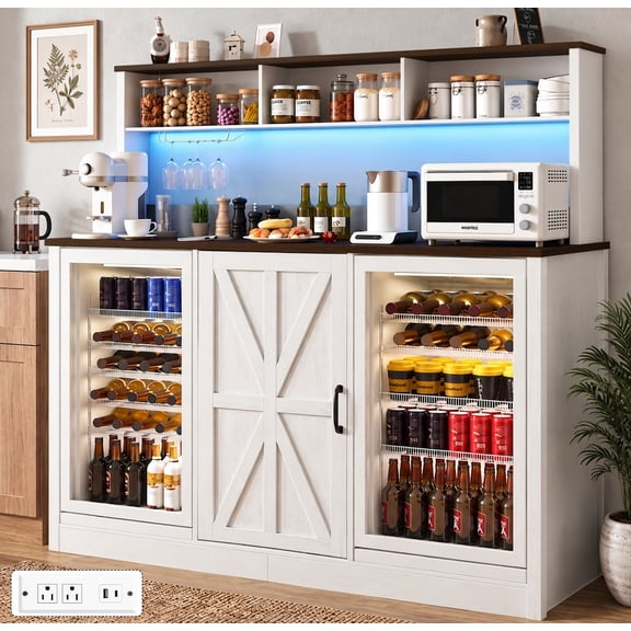 ANPOO 63"W Coffee Bar Cabinet w/ Dual Mini Fridge Space, 58"H Bar Cabinet w/ Wine Fridge Storage, Farmhouse Buffet Cabinet w/ Power Outlet & LED for Home Bar, Kitchen Pantry Hutch, White