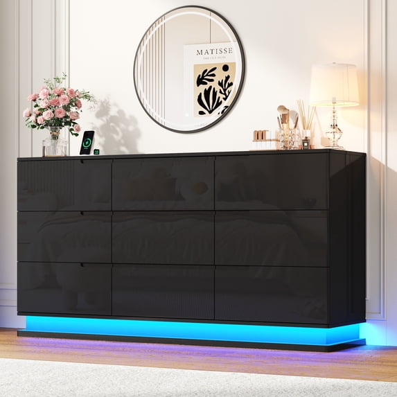 ANPOO 63" W High Gloss Black Dresser for Bedroom w/ LED Light & Power Outlet, Large Floating 9 Drawer Dresser w/ Handle Free, Long Modern Storage Chest of Drawer for Bedroom