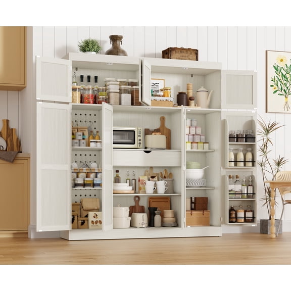 ANPOO 63" W Kitchen Pantry Cabinet, Freestanding Tall Food Storage Cabinet with 8 Doors, Large Drawer, Adjustable Shelves, Door Side Shelves, Wood Farmhouse Pantry for Kitchen Dining Room