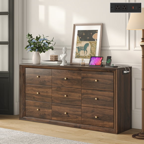 ANPOO 63" Wood Dresser with 9 Drawers & Charging Station, Long Dresser for Bedroom ,Modern Wood Wide Chest of Drawers with Wood Grain Texture for Bedroom, Living Room, Hallway