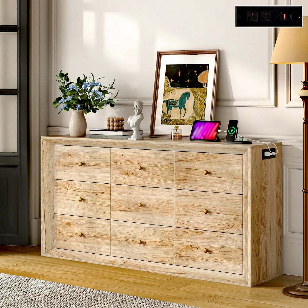 ANPOO 63" Wood Dresser with 9 Drawers & Charging Station, Long Dresser for Bedroom ,Modern Wood Wide Chest of Drawers with Wood Grain Texture for Bedroom, Living Room, Hallway