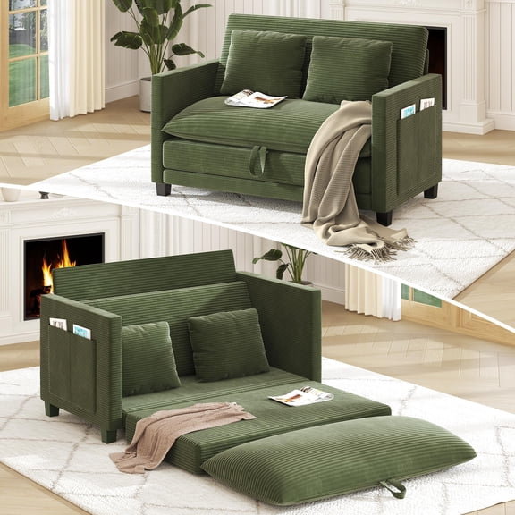 ANPOO 65 Inch Convertible Sofa Bed, 2-in-1 Folding Loveseat with Storage Pockets, 2 Pillows & Removable Cover, Modern Corduroy Sleeper Sofa for Small Spaces, Apartment and Living Room