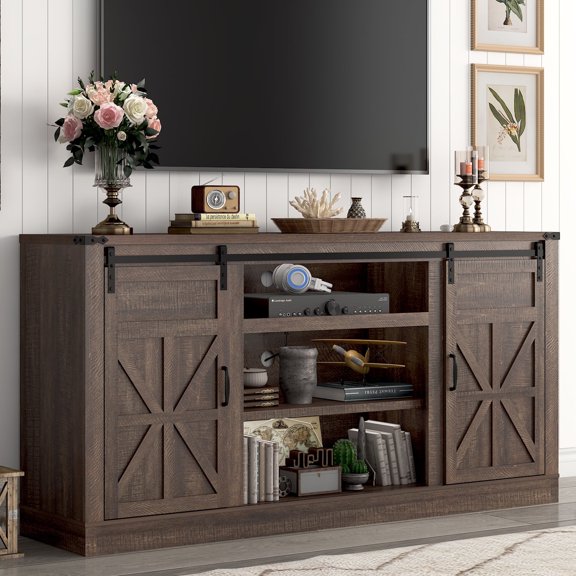 ANPOO 66" TV Stand with Power Outlets for TVs up to 75", 33" Tall Farmhouse Entertainment Center with Sliding Barn Doors & Adjustable Shelves, Rustic Wood TV Media Console for Living Room (Brown)