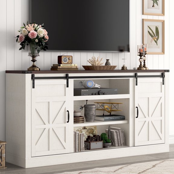 ANPOO 66" TV Stand with Power Outlets for TVs up to 75", 33" Tall Farmhouse Entertainment Center with Sliding Barn Doors & Adjustable Shelves, Rustic Wood TV Media Console for Living Room (White)