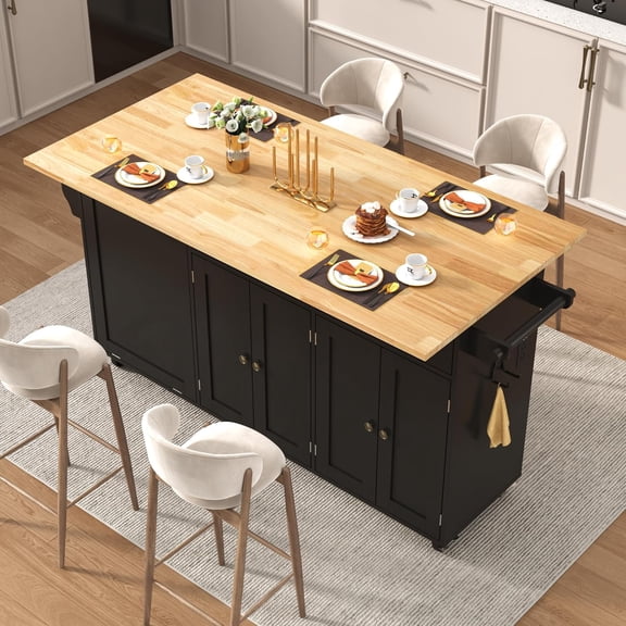ANPOO 67" Rolling Kitchen Island with Drop Leaf, Tilt Out Kitchen Trash Cabinet 10 Gallon Storage, Kitchen Cart Island with Rubber wood Top, Spice Rack and Drawers