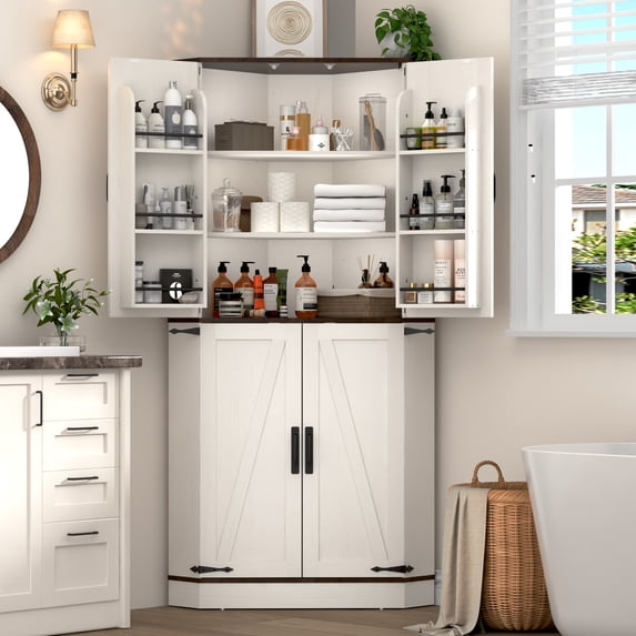 ANPOO 68" Tall Corner Storage Cabinet with 6 Side Door Shelves and Adjustable Shelves, 5 Tier Farmhouse Pantry Cabinet for Bathroom, Living Room, Kitchen,White