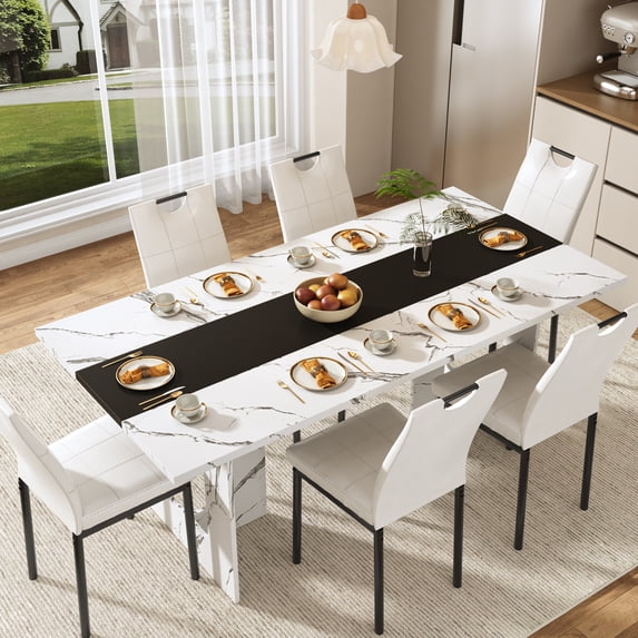 ANPOO 7 Piece Dining Table Set with 6 Chairs, 71" Kitchen Table & Chairs Set for 4-8 People, Rectangle Dining Table with Wooden Legs for Dining Room, Living Room