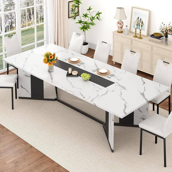 ANPOO 7-Piece Kitchen Dining Set for 6-10 People, 94" Rectangle Waterproof Wooden Table with 6 Chairs, Easy Clean Farmhouse Dining Table for Dining Room & Kitchen