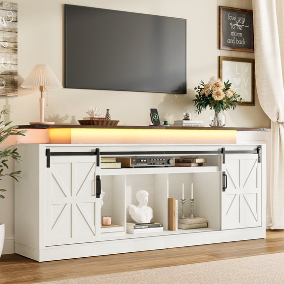 ANPOO 70.9" Farmhouse TV Stand with LED Light and Charging Station, Media Console Entertainment Center Fits Up to 90 Inch TV, Rustic Wooden Television Stand for Living Room