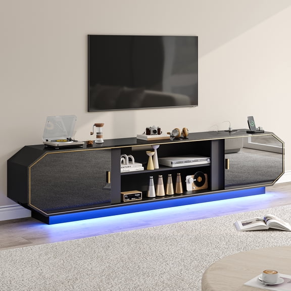 ANPOO 80.7" TV Stand for TVs up to 90 Inch, Modern High Gloss Entertainment Center with Diamond Edging & Invisible Sliding Doors, Wall Mounted & Freestanding Media Console