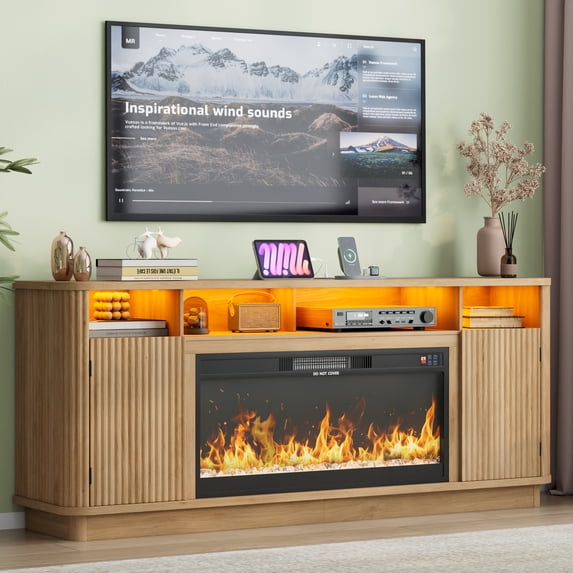 ANPOO 71" Fluted Fireplace TV Stand for 75/85" TVs with 36" Electric Fireplace, Modern Entertainment Center with LED Light & Power Outlet, Wooden Media Console TV Stand for Living Room, Oak