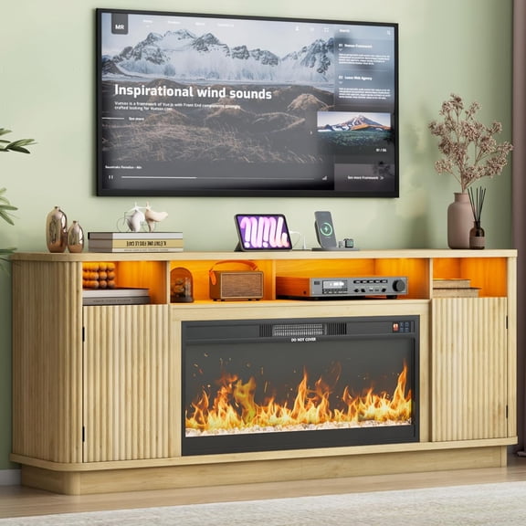 ANPOO 70" Fluted Fireplace TV Stand for 75/85" TVs with 36" Electric Fireplace, Modern Entertainment Center with LED Light & Power Outlet, Wooden Media Console TV Stand for Living Room, Oak