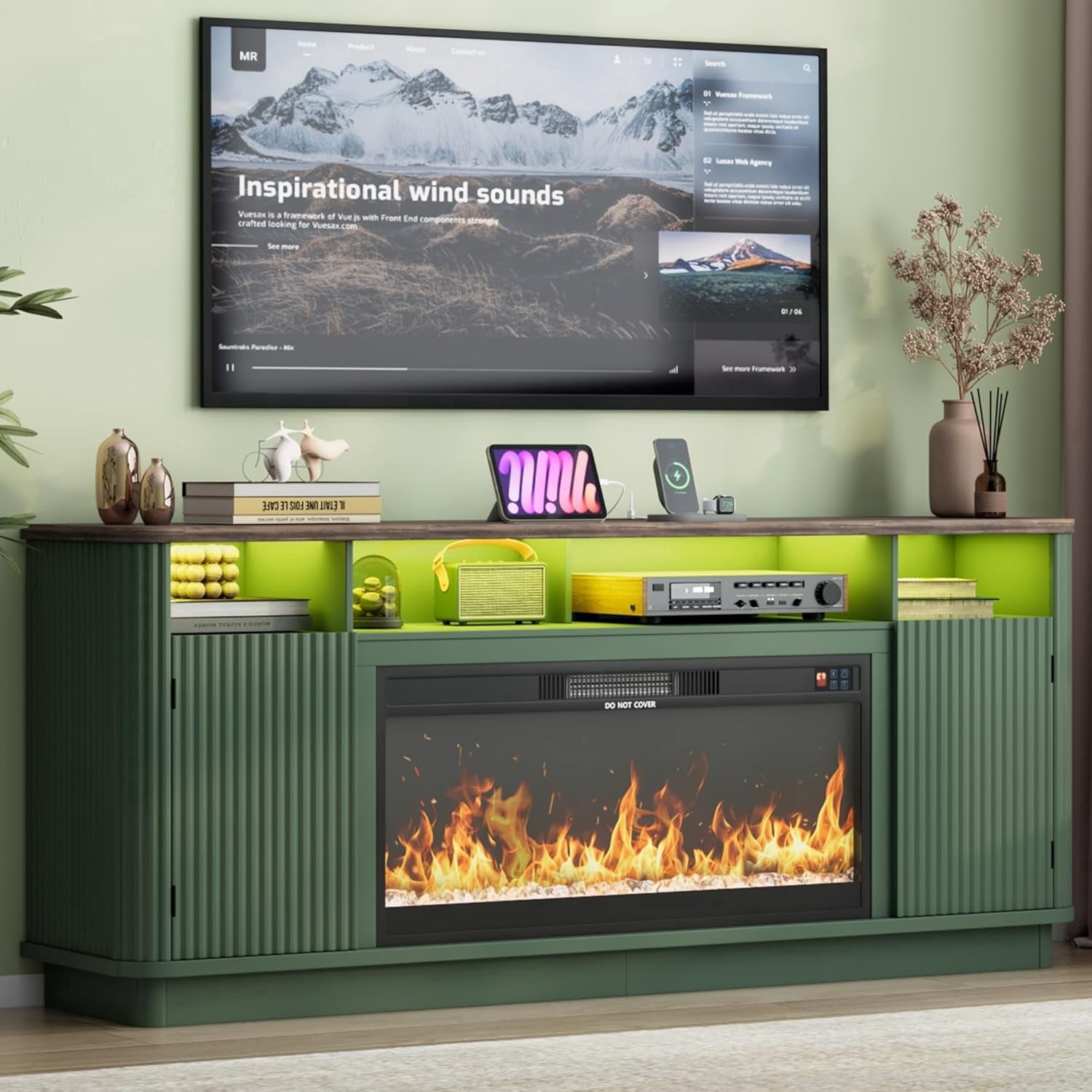 ANPOO 71" Fluted Fireplace TV Stand for 75/85" TVs with 36" Electric Fireplace, Modern Entertainment Center with LED Light & Power Outlet, Wooden Media Console TV Stand for Living Room, Green