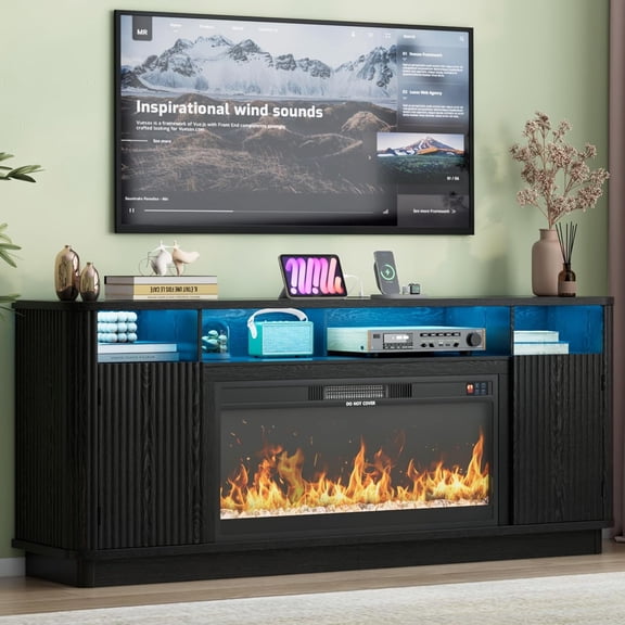 ANPOO 70" Fluted Fireplace TV Stand for 75/85" TVs with 36" Electric Fireplace, Modern Entertainment Center with LED Light & Power Outlet, Wooden Media Console TV Stand for Living Room, Black