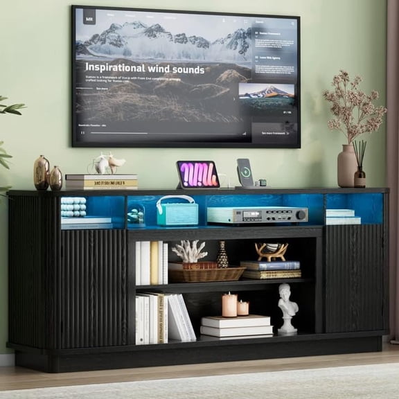 ANPOO 71" Fluted TV Stand for 75/80" TVs with LED Light and Power Outlet, Modern Entertainment Center with 2 Storage Cabinets & 6 Open Shelves, Wooden Media Console TV Stand for Living Room,Black