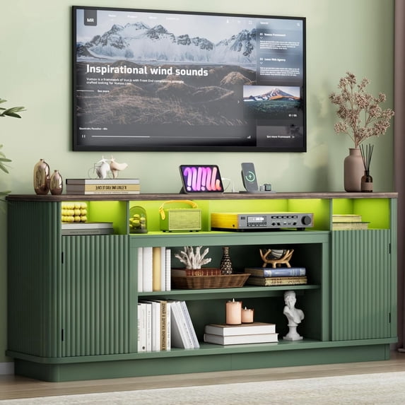 ANPOO 71" Fluted TV Stand for 75/80" TVs with LED Light and Power Outlet, Modern Entertainment Center with 2 Storage Cabinets & 6 Open Shelves, Wooden Media Console TV Stand for Living Room,Green