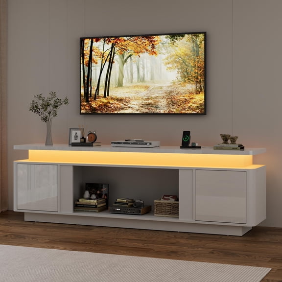 ANPOO 71 Inch White High Gloss Media Console, TV Cabinet With Power Strip, LED Lights & Storage For Up To 80 Inch Television