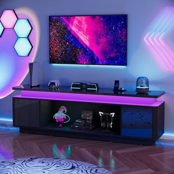 ANPOO 71 Inch High Gloss Media Console, TV Cabinet With Power Strip, LED Lights & Storage For Up To 80 Inch Television