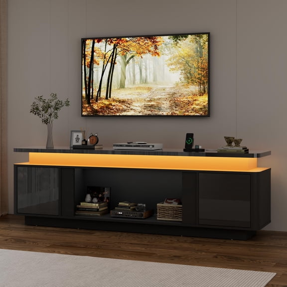 ANPOO 71 Inch High Gloss Media Console, TV Cabinet With Power Strip, LED Lights & Storage For Up To 80 Inch Television