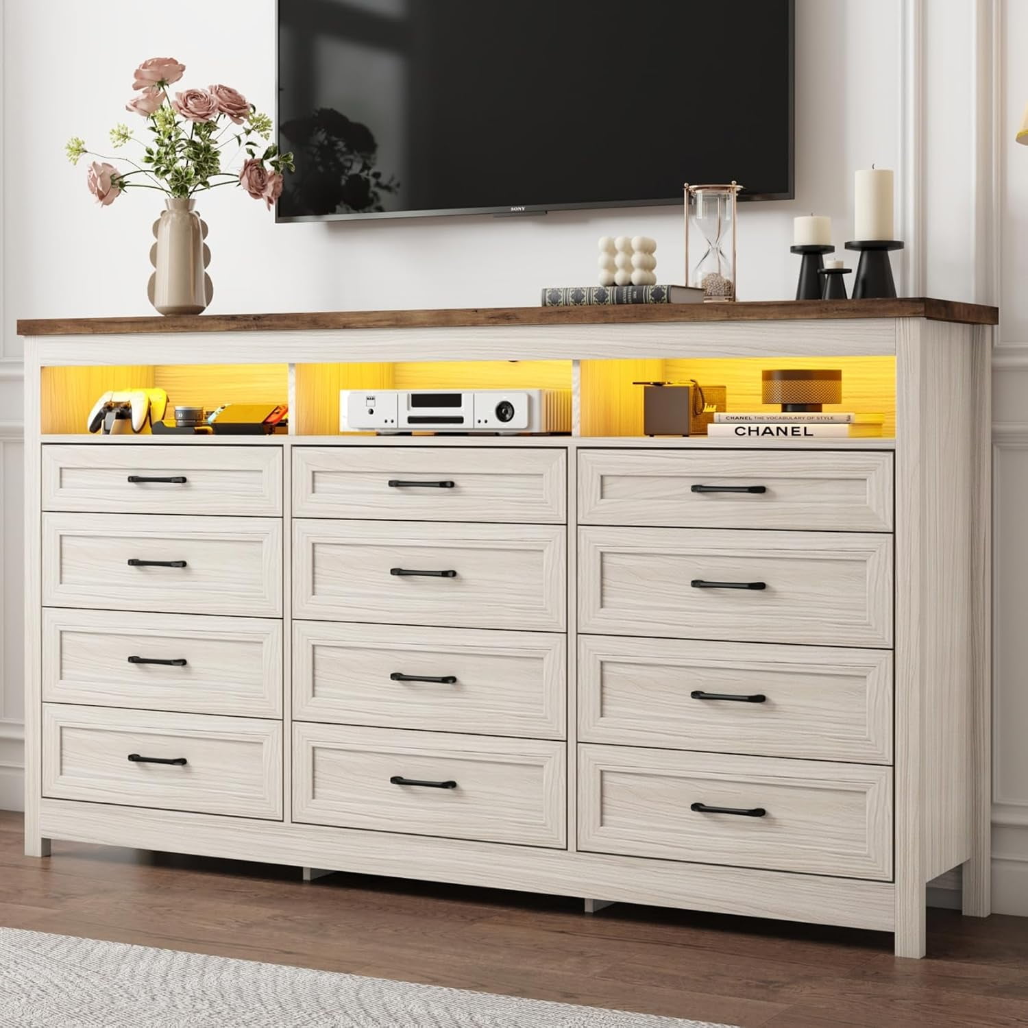 ANPOO 71" Large Farmhouse 12 Drawers Dresser with LED Lights & Power Outlet, 41" Tall Chest of Drawers with Storage Organizer/60000 Colors Light, Modern Wood Dresser for Bedroom, Living Room, Hallway