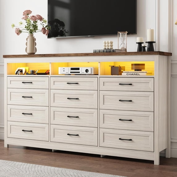 ANPOO 71" Large Farmhouse 12 Drawers Dresser with LED Lights & Power Outlet, 41" Tall Chest of Drawers with Storage Organizer/60000 Colors Light, Modern Wood Dresser for Bedroom, Living Room, Hallway