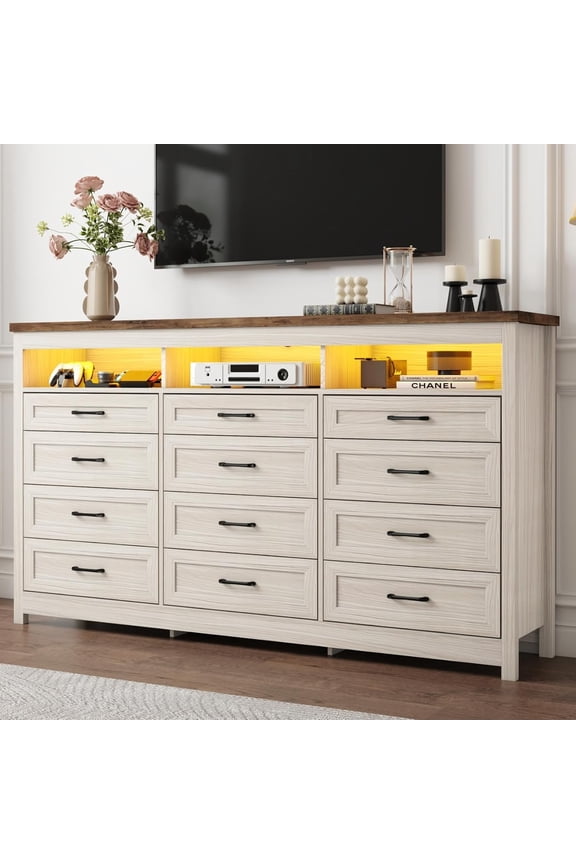 71" Large Farmhouse 12 Drawers Dresser with LED Lights & Power Outlet, 41" Tall Chest of Drawers with Storage Organizer/60000 Colors Light, Modern Wood Dresser for Bedroom, Living Room, Hallway