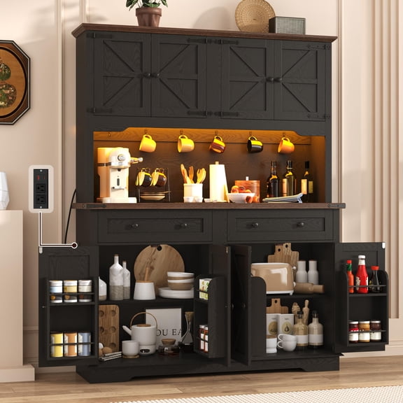 ANPOO 71" Tall Farmhouse Kitchen Pantry Cabinet with LED Light, Power Outlet & 8 Doors with Door-mounted Storage, Large Freestanding Storage Hutch with Open Countertop for Dining Room, Living Room