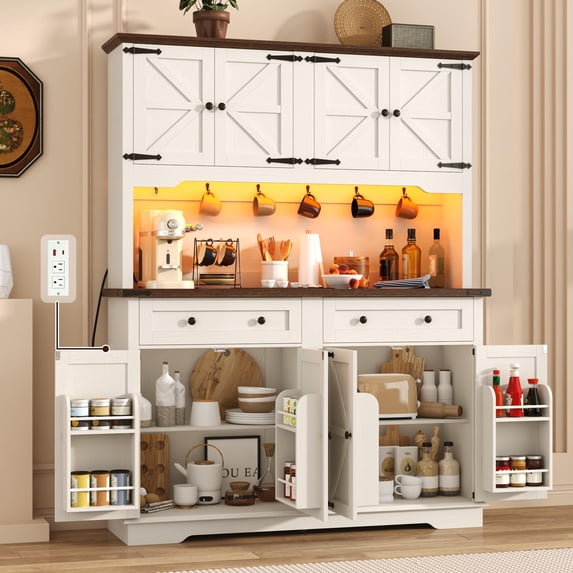 ANPOO 71" Tall Farmhouse Kitchen Pantry Cabinet with LED Light, Power Outlet & 8 Doors with Door-mounted Storage, Large Freestanding Storage Hutch with Open Countertop for Dining Room, Living Room