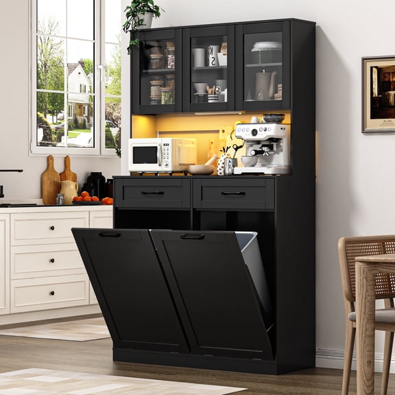ANPOO 72.1"H Kitchen Pantry Storage Cabinet with Power Outlets & LED light, Kitchen Double Tilt Out Trash Cabinet 13X2 Gallon Garbage Holder with Two Drawers, Freestand Laundry Sort Cabinets
