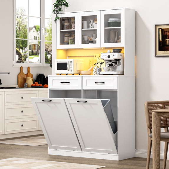 ANPOO 72.1"H Kitchen Pantry Storage Cabinet with Power Outlets & LED light, Kitchen Double Tilt Out Trash Cabinet 13X2 Gallon Garbage Holder with Two Drawers, Freestand Laundry Sort Cabinets