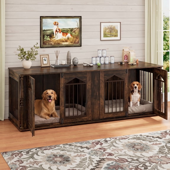 ANPOO 72''Double Dog Crate Furniture for 2 Dogs, 2-in-1 Wooden Dog Kennel with Removable Divider & Roman Column, Indoor Pet Crate TV Stand with Secure Latches & Anti-Tipping Kit, Large Dog Cage