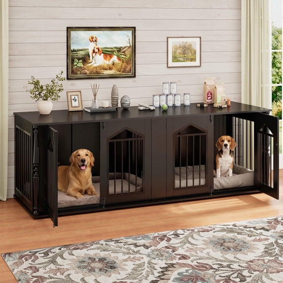 ANPOO 72''Double Dog Crate Furniture for 2 Dogs, 2-in-1 Wooden Dog Kennel with Removable Divider & Roman Column, Indoor Pet Crate TV Stand with Secure Latches & Anti-Tipping Kit, Large Dog Cage