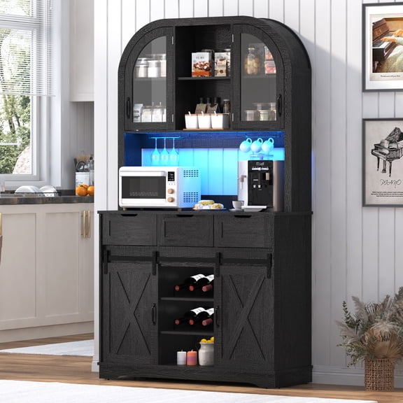 ANPOO 72" Tall Arched Coffee Bar Cabinet with Power Outlet, LED Lights & Sliding Barn Door, Farmhouse 42" W Kitchen Hutch Storage Cabinet with 4 Drawers for Home Bar