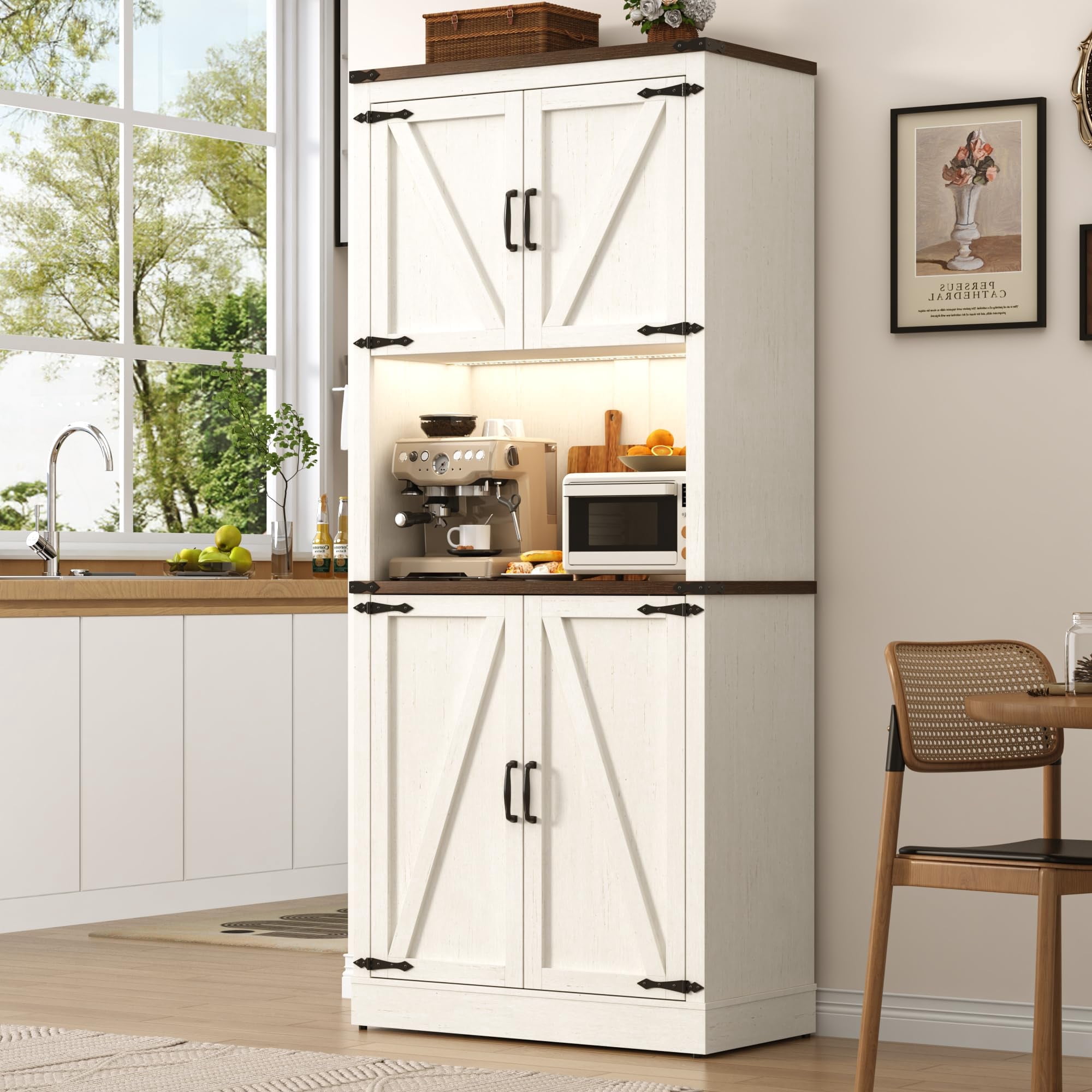 ANPOO 72'' Tall Farmhouse Kitchen Pantry Cabinet with LED Light and Power Outlet, 10 Hanging Shelves, Adjustable Shelves, Versatile Large Rustic Cabinet for Kitchen, Dining Room, Living Room