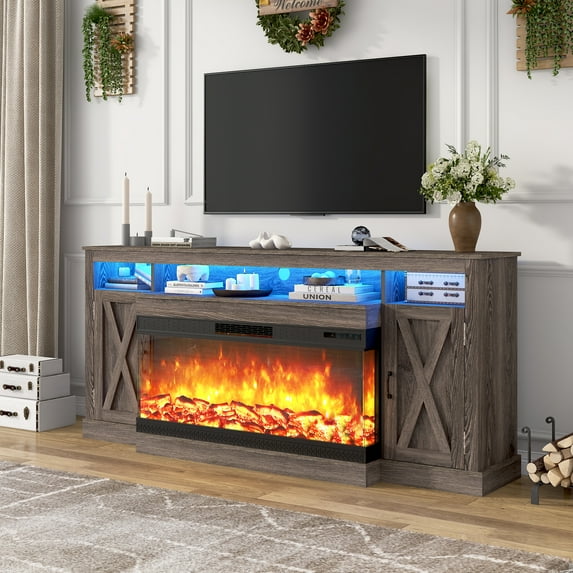 ANPOO 74'' Farmhouse TV Stand with 40'' 3-Sided Glass Fireplace, 32'' Tall Entertainment Center with LED Lights for TVs up to 85"