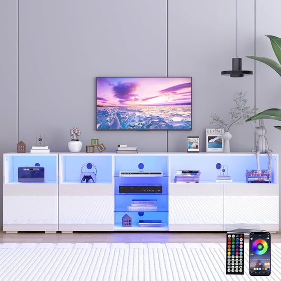 ANPOO 79'' LED TV Stand 90/85/75inch TV, High Glossy Entertainment Center with Storage Cabinet, Modern TV Console Media Cabinet for Living Room, Bedroom