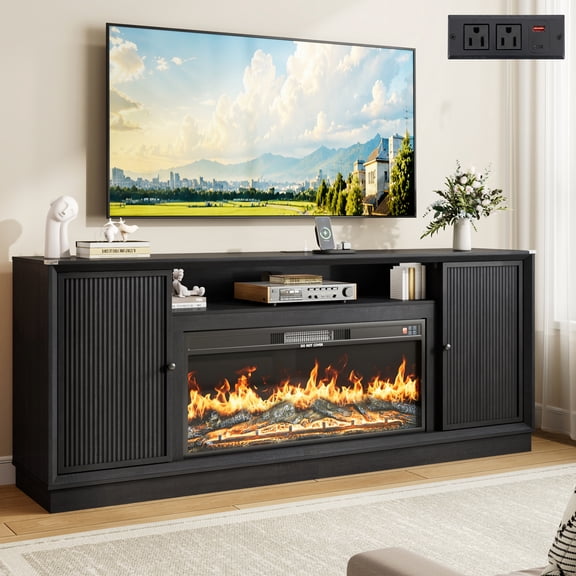ANPOO 80" Farmhouse Fireplace TV Stand for TVs up to 90", Electric Fireplace Media Console, 12‑Color Flame, Fluted Entertainment Center with Power Outlet