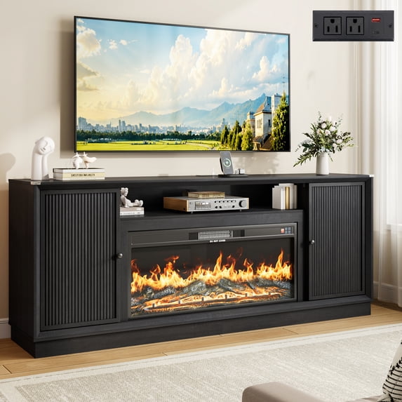 ANPOO 80" Farmhouse Fireplace TV Stand for TVs up to 90", Electric Fireplace Media Console, 12‑Color Flame, Fluted Entertainment Center with Power Outlet