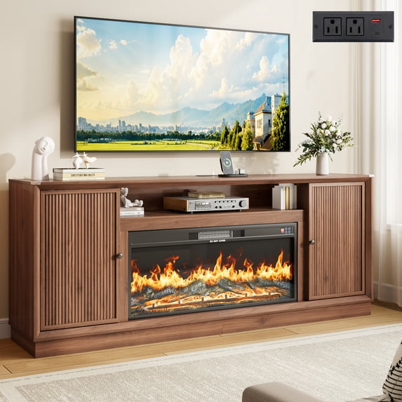 ANPOO 80" Farmhouse Fireplace TV Stand for TVs up to 90", Electric Fireplace Media Console, 12‑Color Flame, Fluted Entertainment Center with Power Outlet