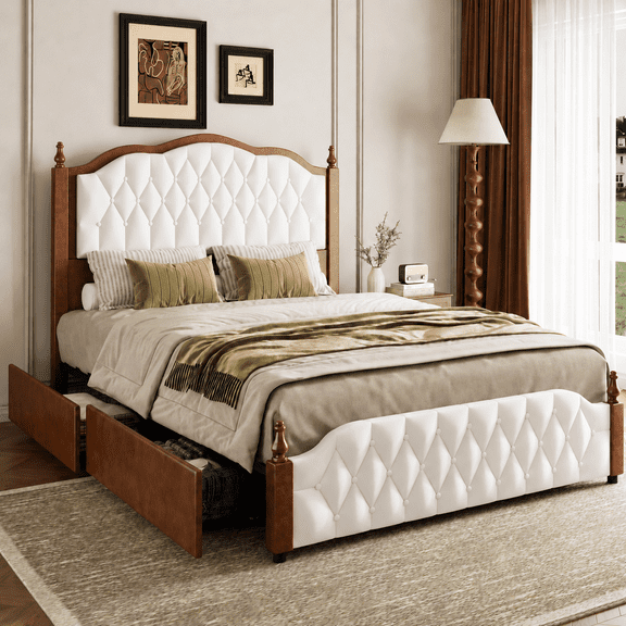 ANPOO Full Wood Bed Frame with 51.2" Tall Tufted Headboard & Roman Column Design, Sturdy Platform Bed with 2 Drawers & LED Light & Wooden Slats Support, No Box Spring Needed, 1100 lbs Capacity