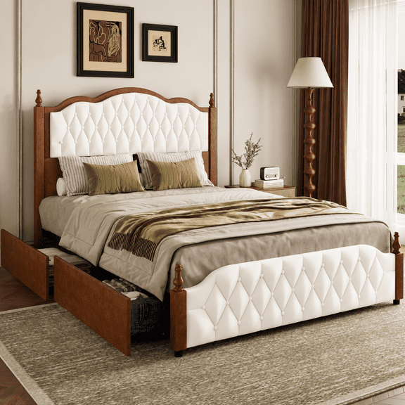 ANPOO Queen Upholstered Bed Frame with 51.2" Tall Tufted Headboard, Roman Column Design, Sturdy Platform Bed with 2 Drawers & LED Light & Wooden Slats Support, No Box Spring Needed, 1000 lbs Capacity