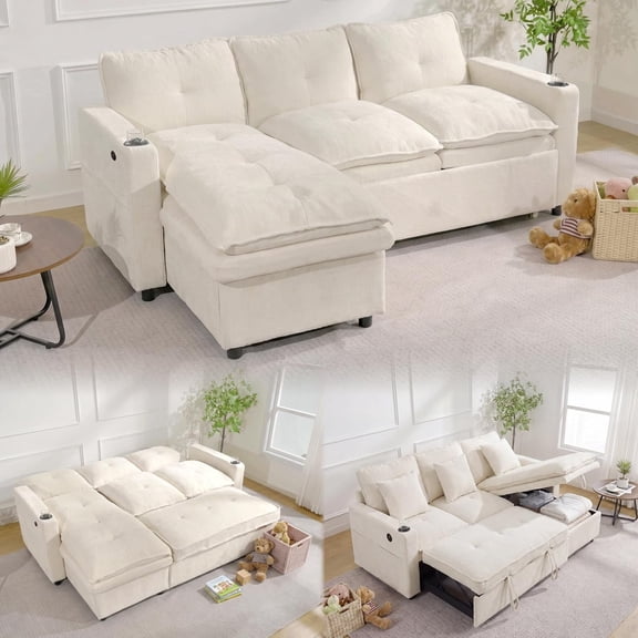 ANPOO 81" Convertible Sectional Pull Out Sleeper Sofa Bed with Storage Chaise & USB Charging, 5-Level Adjustable Backrest, Cloud-Soft Chenille Couch for Small Space Living Room