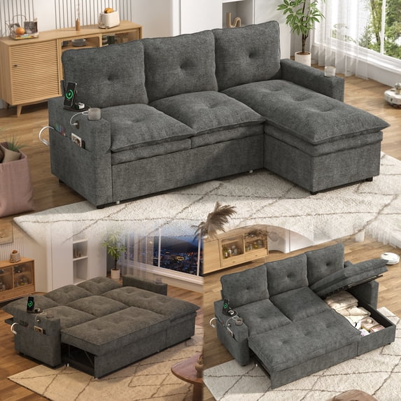ANPOO 81" Convertible Sectional Pull Out Sleeper Sofa Bed with Storage Chaise & USB Charging, 5-Level Adjustable Backrest, Cloud-Soft Chenille Couch for Small Space Living Room
