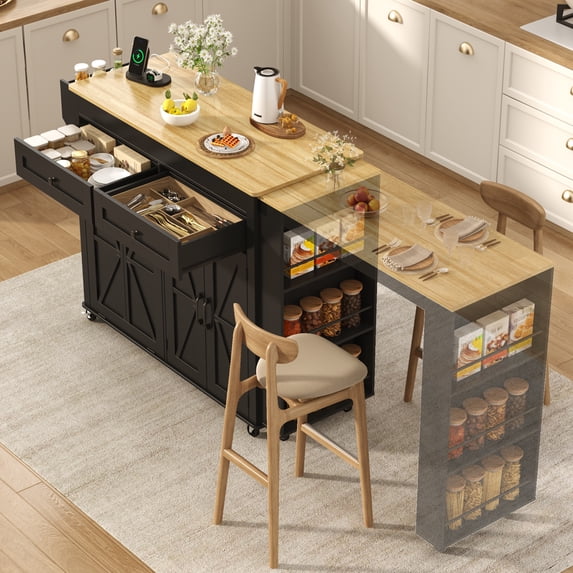 ANPOO 81" Extendable Kitchen Island with Hidden Trash Cabinet, Rolling Kitchen Cart on Wheels with Dining Table, Power Outlet & 2 Drawers, White Farmhouse Mobile Island for Small Kitchen