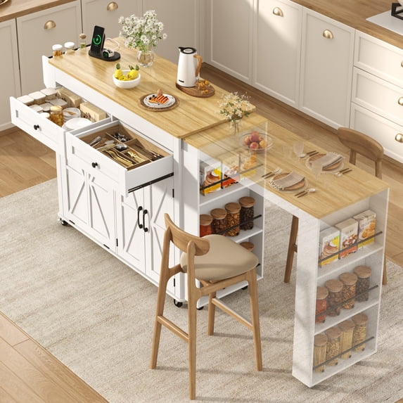 ANPOO 81" Extendable Kitchen Island with Hidden Trash Cabinet, Rolling Kitchen Cart on Wheels with Dining Table, Power Outlet & 2 Drawers, White Farmhouse Mobile Island for Small Kitchen