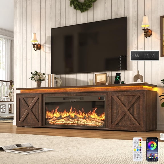 ANPOO 82.7" Fireplace TV Stand for TVs up to 95" with 40" Electric Fireplace, Large Farmhouse Entertainment Center with LED Light & Power Outlets and Sliding Barn Doors for Living Room, Bedroom