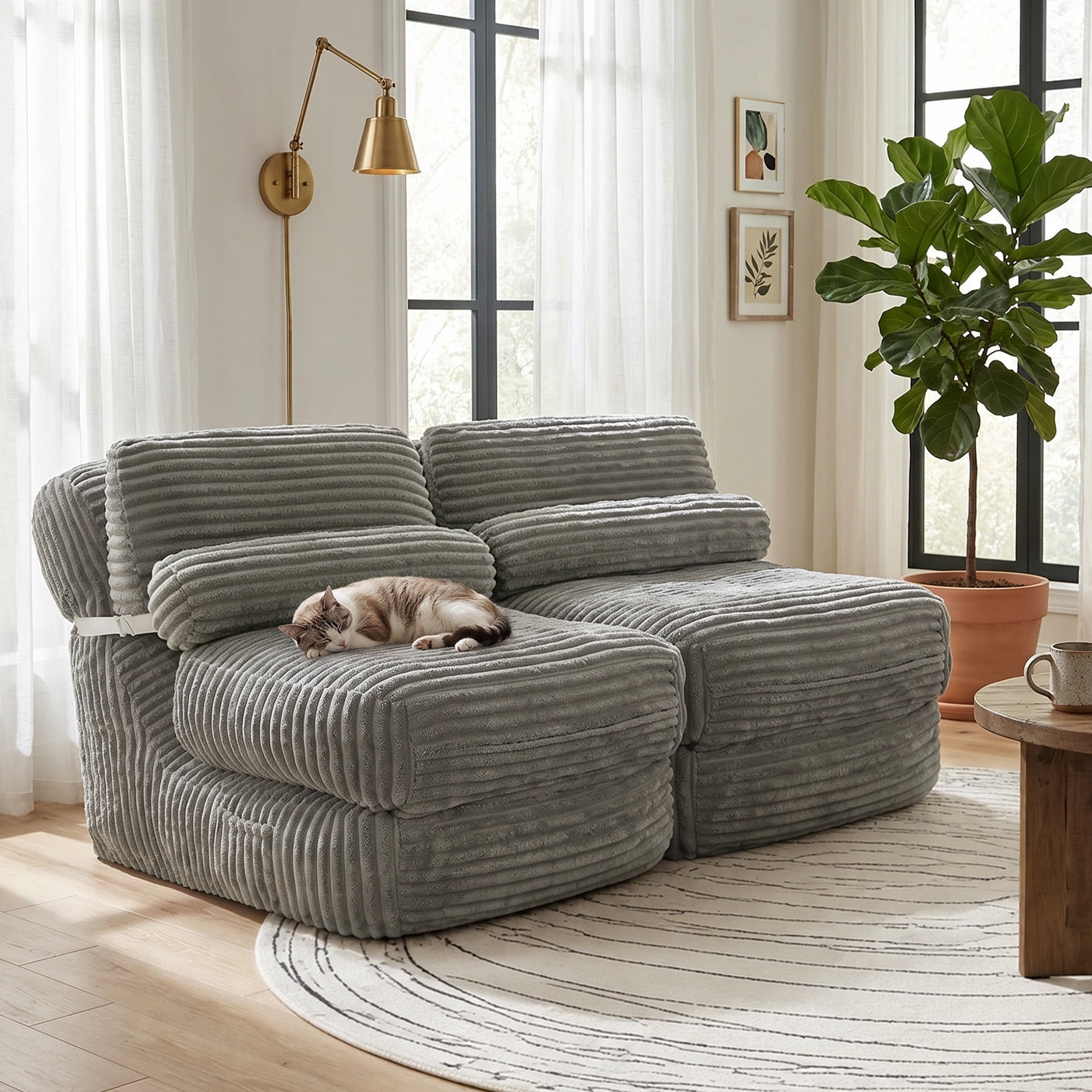 ANPOO 82" Single Corduroy Convertible Sleeper Sofa - Folding, Pillow Included, Back Support, Side Pocket, Zippers, Handles and Straps, Portable for Living Room & Bedroom, Light Gray