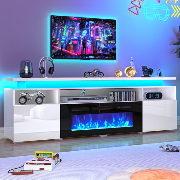 ANPOO 83" Fireplace TV Stand with 40" Electric Fireplace,Modern LED Light Entertainment Center with Power Outlet and Storage Cabinets for TVs up to 95",White